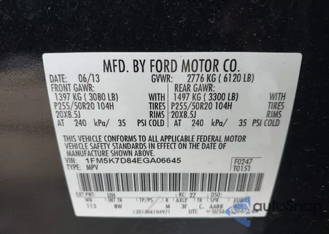 2014 Ford Explorer Xlt из США, поврежденный, VIN 1FM5K7D84EGA06645